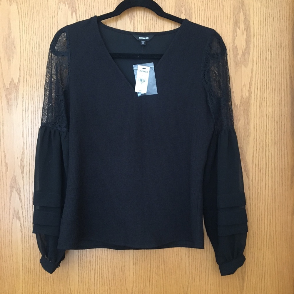 NWT Express Black Top w/ Lace Balloon Sleeves